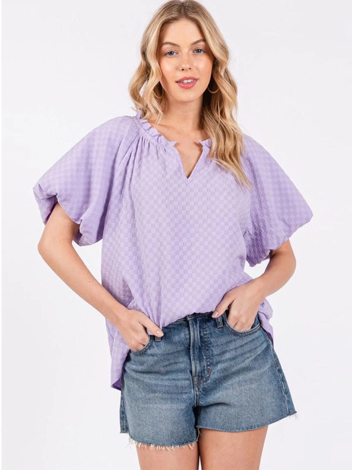WOMEN'S SHORT SLEEVE V-NECK TUNIC DETAILED BLOUSE