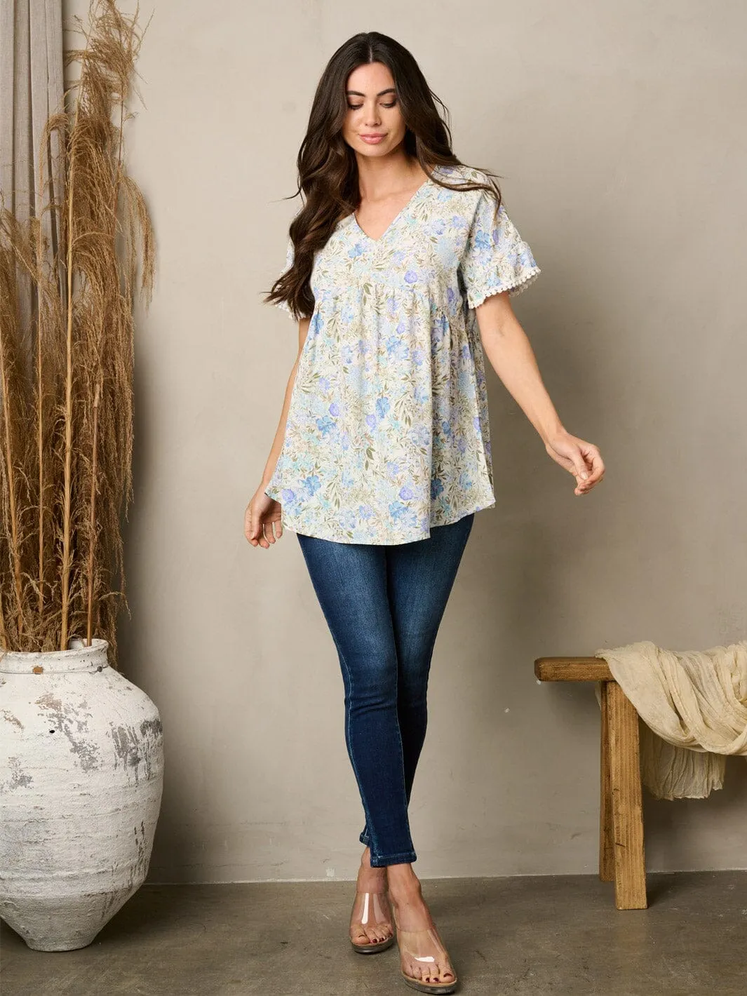 WOMEN'S SHORT SLEEVE V-NECK TUNIC FLORAL  TOP