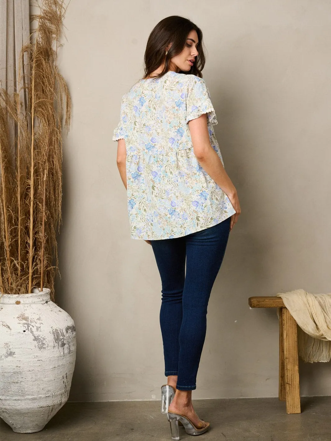WOMEN'S SHORT SLEEVE V-NECK TUNIC FLORAL  TOP