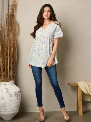 WOMEN'S SHORT SLEEVE V-NECK TUNIC FLORAL  TOP