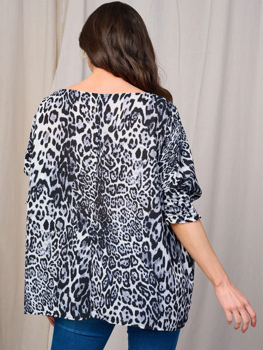 WOMEN'S SHORT SMOCK SLEEVE ANIMAL PRINT TUNIC BLOUSE