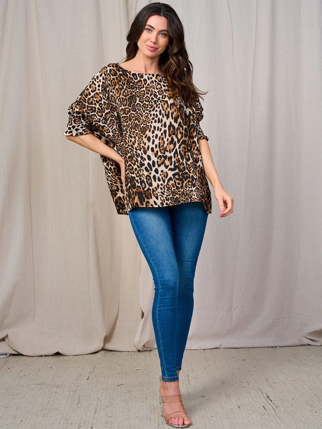 WOMEN'S SHORT SMOCK SLEEVE ANIMAL PRINT TUNIC BLOUSE