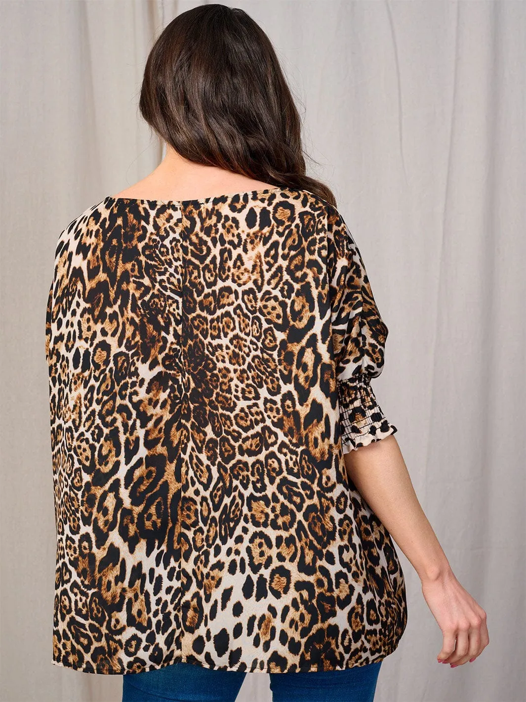 WOMEN'S SHORT SMOCK SLEEVE ANIMAL PRINT TUNIC BLOUSE