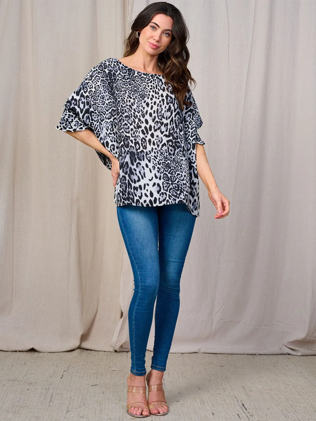 WOMEN'S SHORT SMOCK SLEEVE ANIMAL PRINT TUNIC BLOUSE
