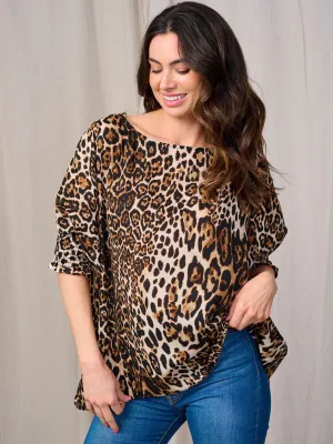 WOMEN'S SHORT SMOCK SLEEVE ANIMAL PRINT TUNIC BLOUSE
