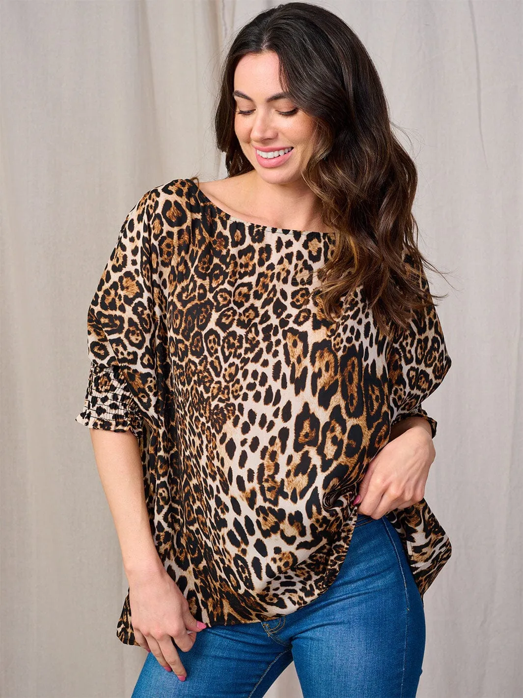 WOMEN'S SHORT SMOCK SLEEVE ANIMAL PRINT TUNIC BLOUSE
