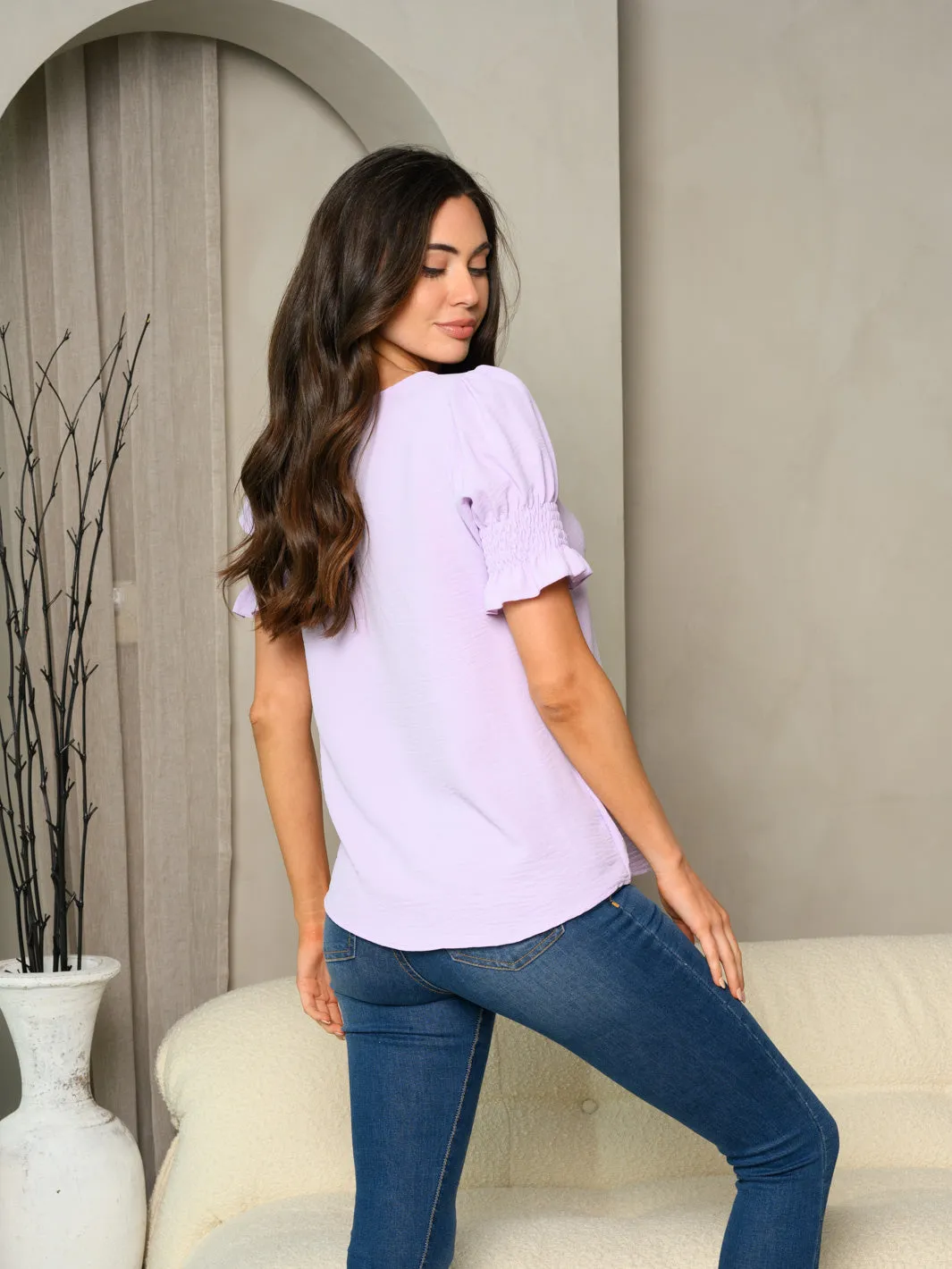 WOMEN'S SHORT SMOCK SLEEVE SOLID TUNIC TOP