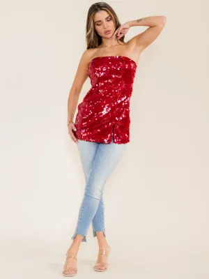WOMEN'S SLEEVELESS SEQUINS FRONT SLIT TUBE TOP