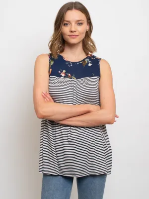 WOMEN'S SLEEVELESS TUNIC FLORAL PIN STRIPES TOP