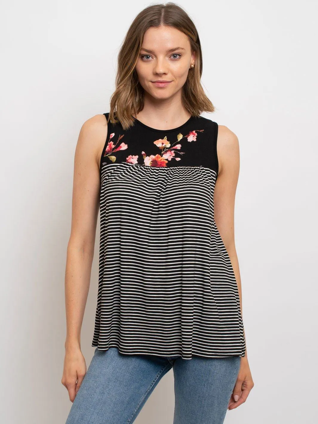 WOMEN'S SLEEVELESS TUNIC FLORAL PIN STRIPES TOP