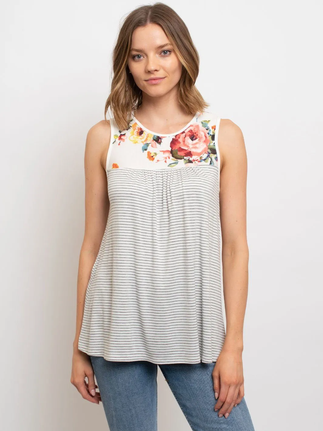 WOMEN'S SLEEVELESS TUNIC FLORAL PIN STRIPES TOP