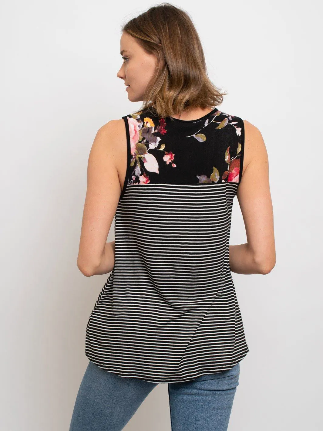 WOMEN'S SLEEVELESS TUNIC FLORAL PIN STRIPES TOP