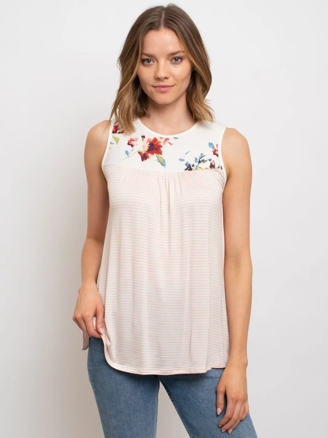 WOMEN'S SLEEVELESS TUNIC FLORAL PIN STRIPES TOP