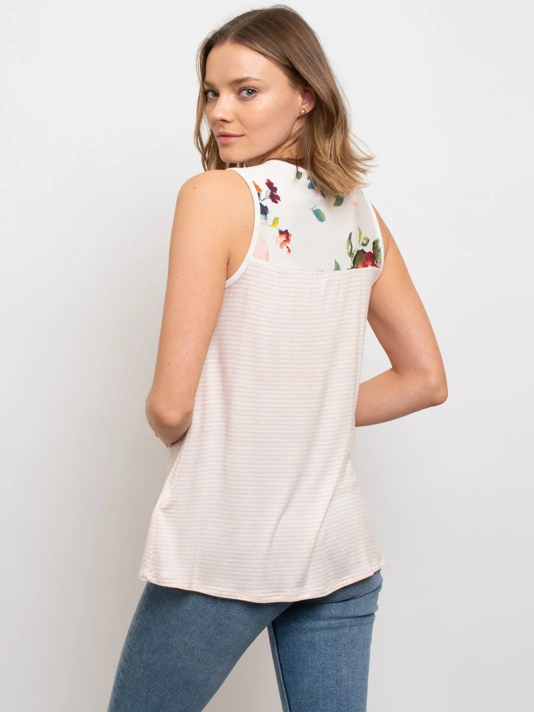 WOMEN'S SLEEVELESS TUNIC FLORAL PIN STRIPES TOP
