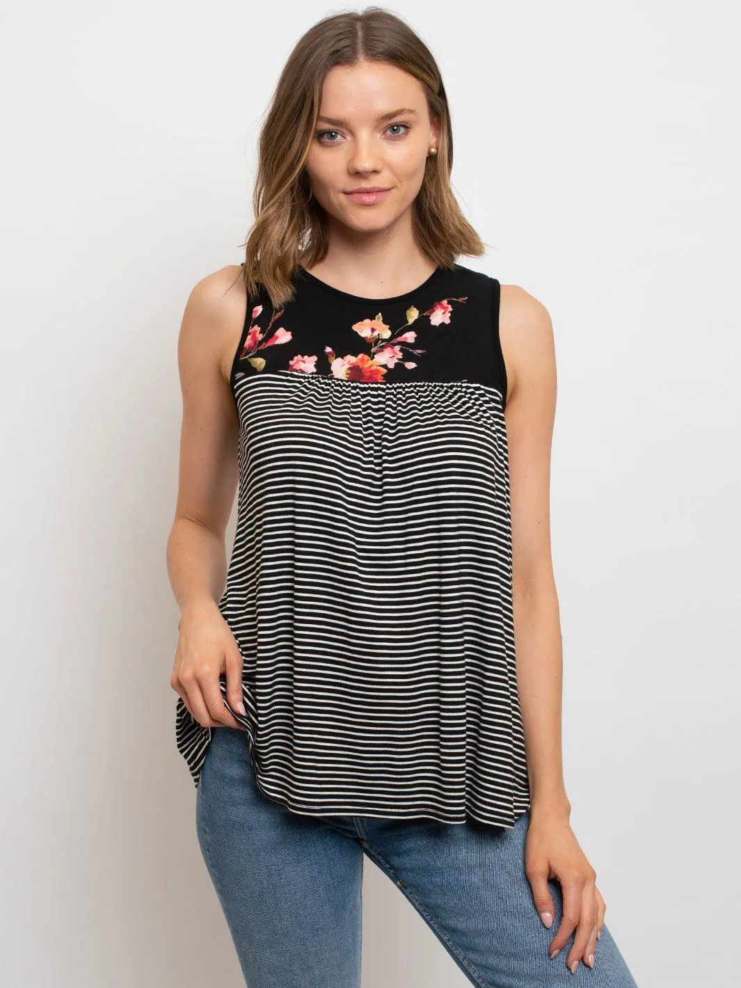WOMEN'S SLEEVELESS TUNIC FLORAL PIN STRIPES TOP