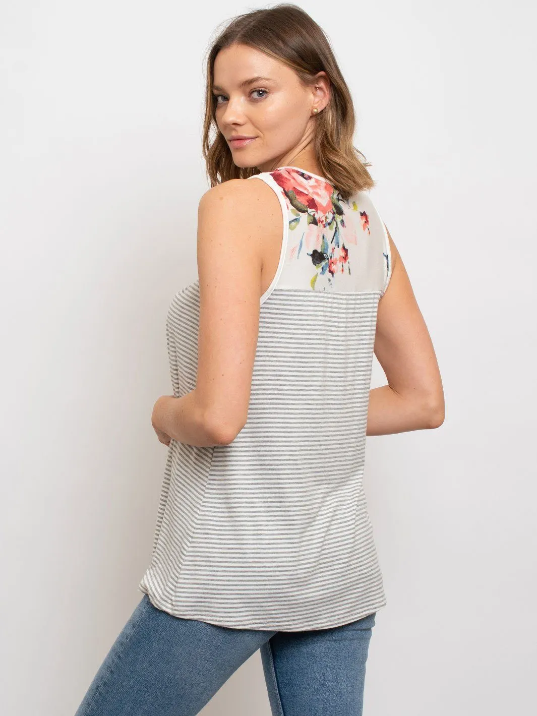 WOMEN'S SLEEVELESS TUNIC FLORAL PIN STRIPES TOP