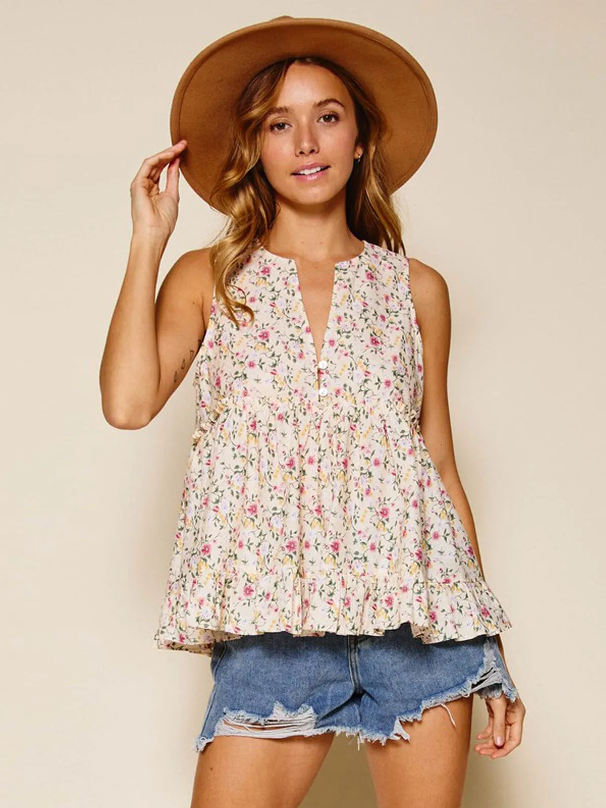 WOMEN'S SLEEVELESS V-NECK FLORAL BABYDOLL TANK TOP
