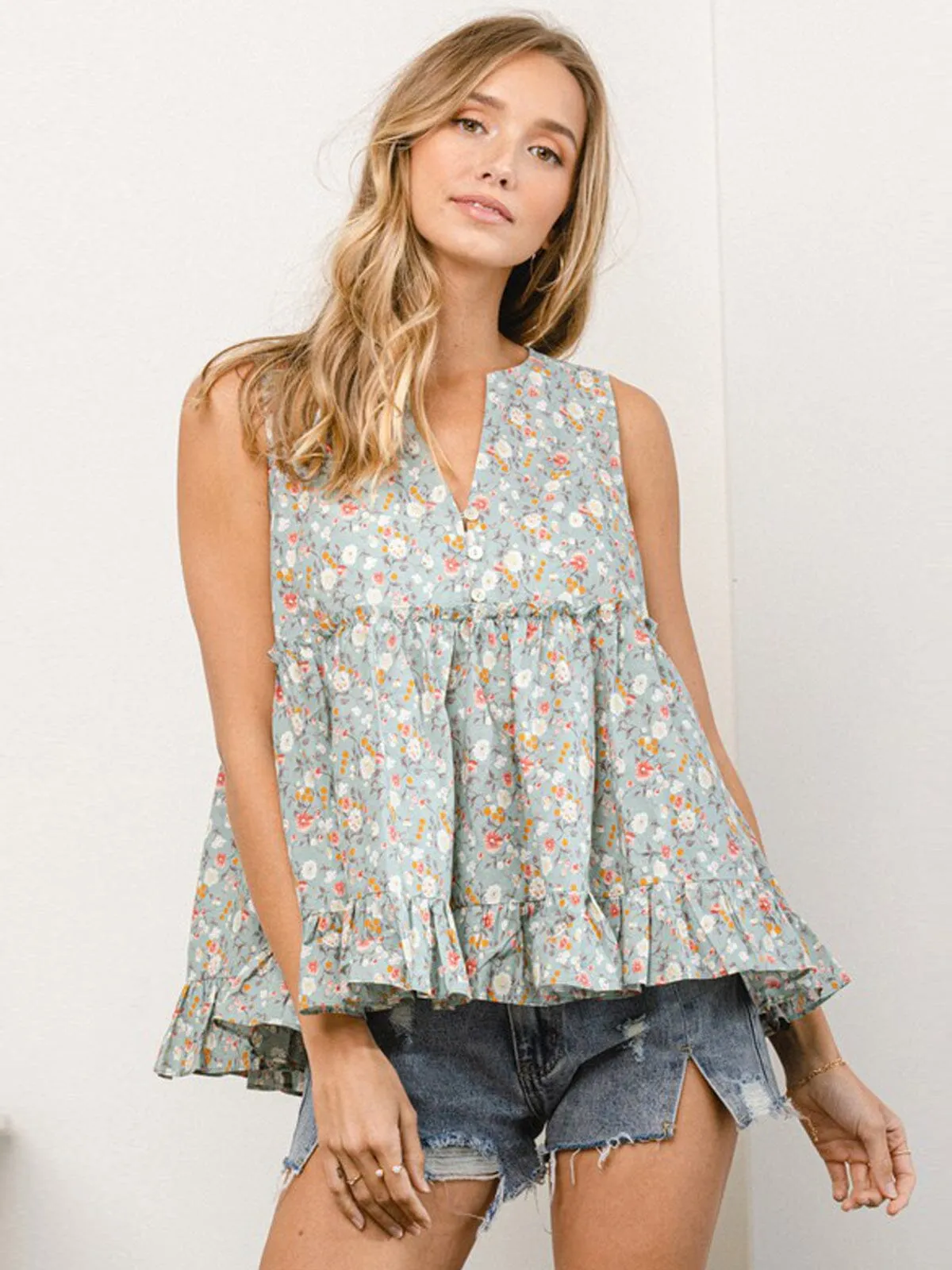 WOMEN'S SLEEVELESS V-NECK FLORAL BABYDOLL TANK TOP