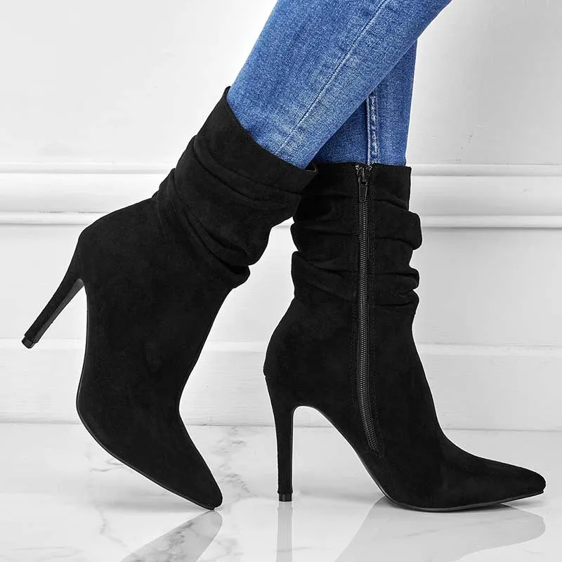 Women's Slouchy Ankle Booties with Zip Side and Stiletto Heels