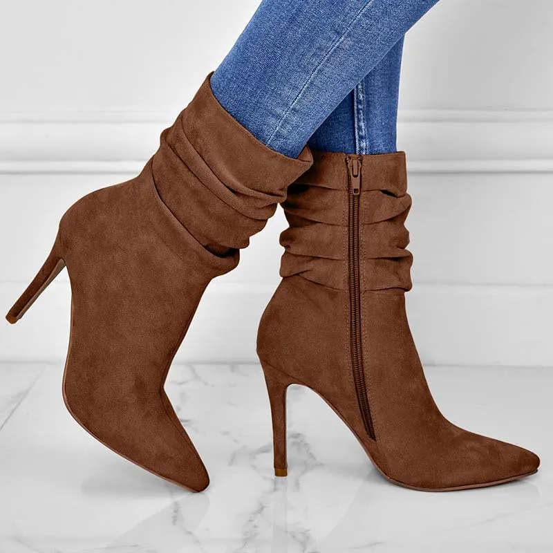 Women's Slouchy Ankle Booties with Zip Side and Stiletto Heels