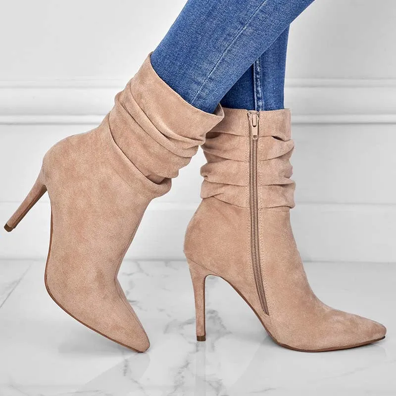 Women's Slouchy Ankle Booties with Zip Side and Stiletto Heels