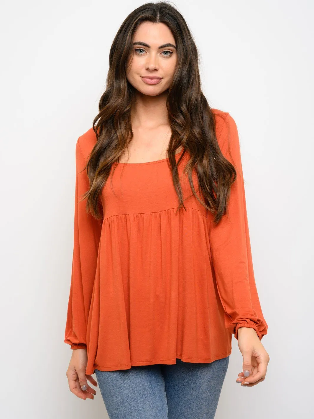WOMEN'S SOLID SQUARE NECK LONG SLEEVE TOP