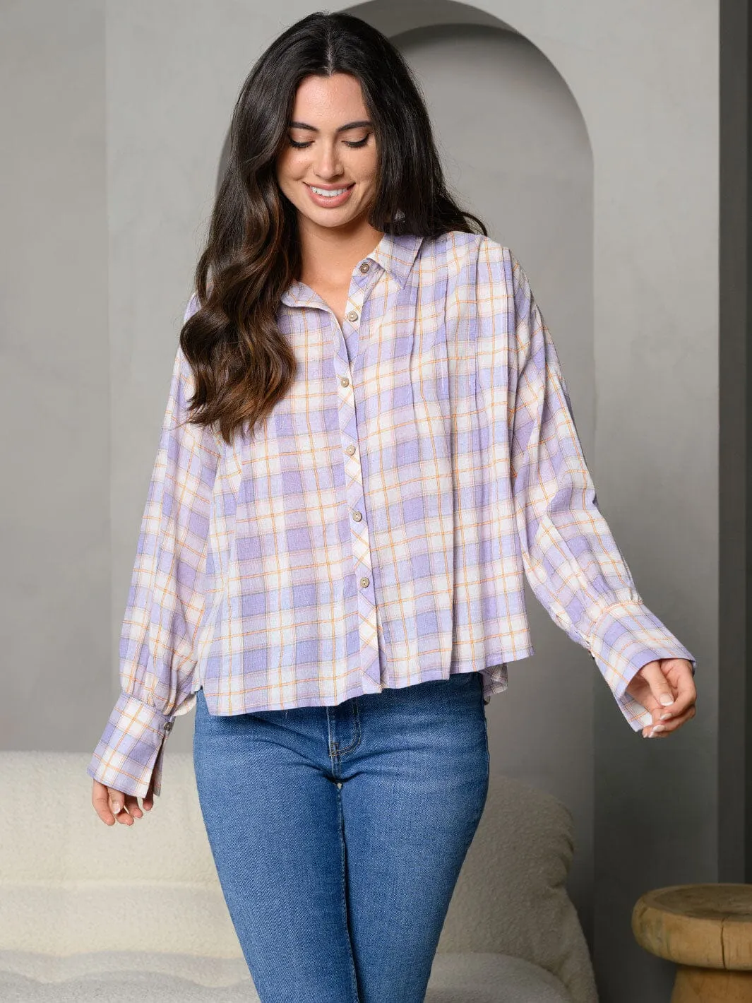WOMEN'S STRIPES COLLAR BUTTON DOWN FRONT POCKET DETAIL LONG SLEEVE TOP