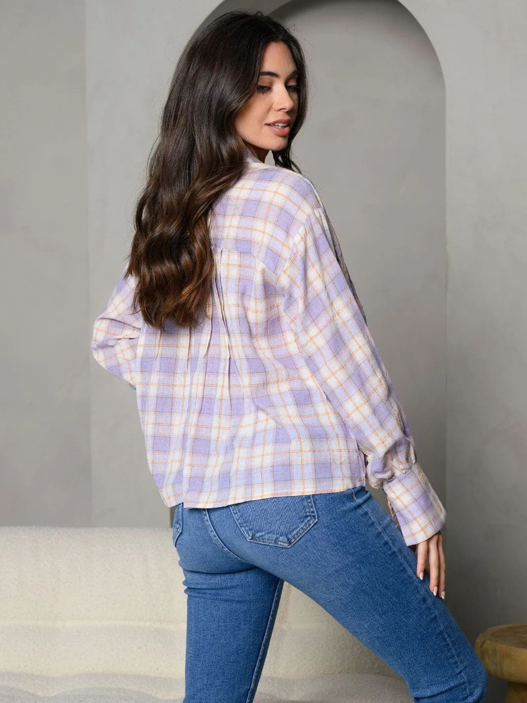 WOMEN'S STRIPES COLLAR BUTTON DOWN FRONT POCKET DETAIL LONG SLEEVE TOP