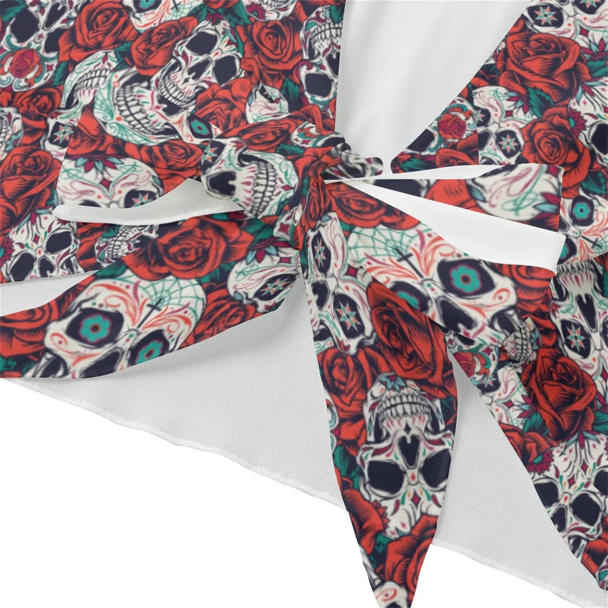 Women's Sugar Skulls Deep V Tie Front Long Sleeve Blouse