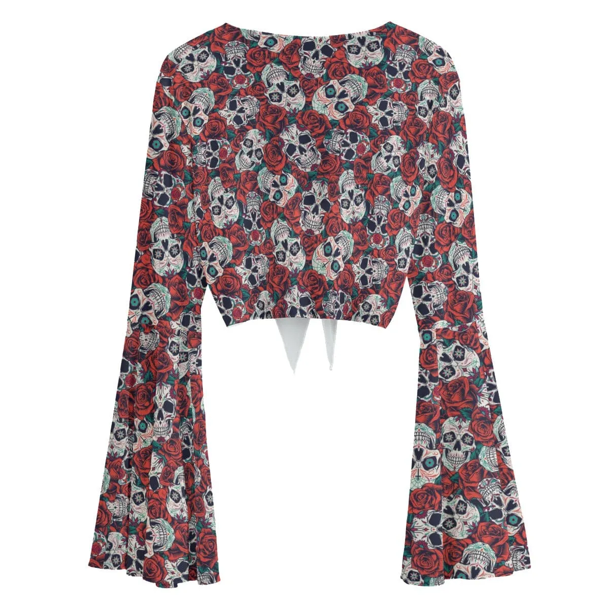 Women's Sugar Skulls Deep V Tie Front Long Sleeve Blouse