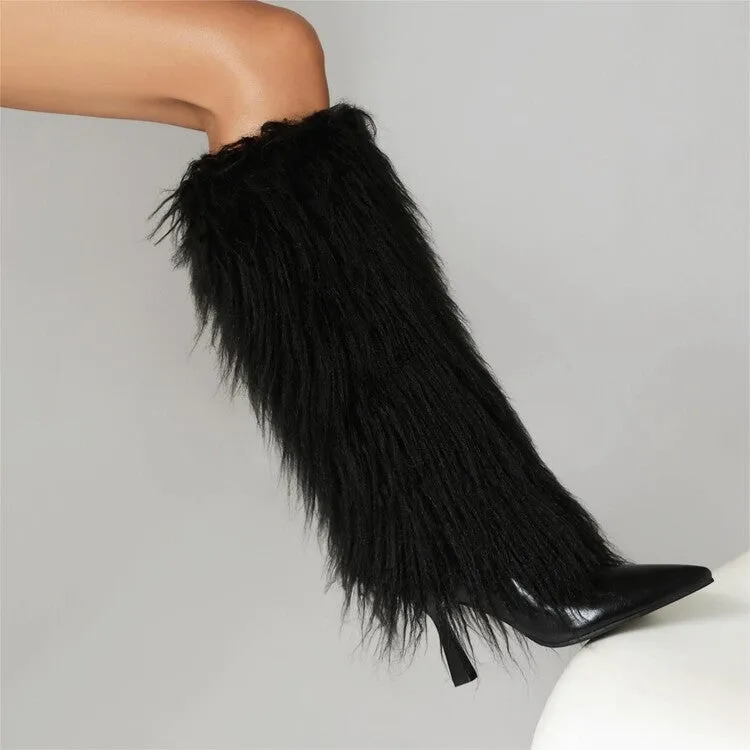 Women's Tassel Pointed Toe Hoof Heel Mid Calf Boots
