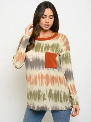 WOMEN'S TIE DYE FRONT POCKET LONG SLEEVE TOP
