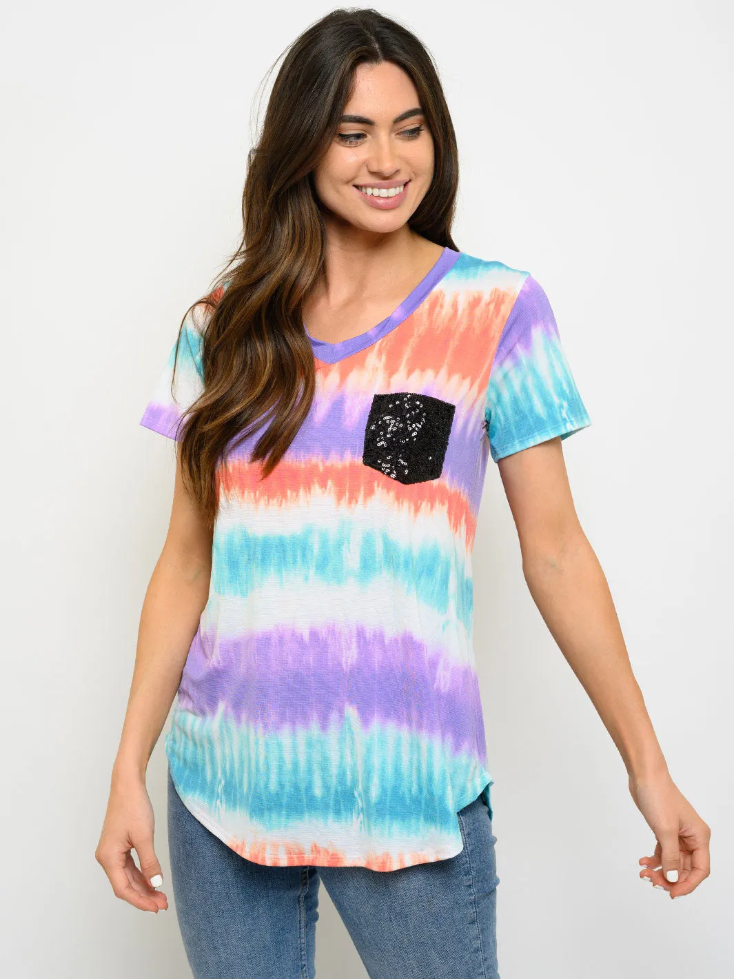 WOMEN'S TIE DYE PRINT FRONT SEQUINS POCKET TOP