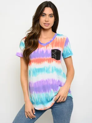 WOMEN'S TIE DYE PRINT FRONT SEQUINS POCKET TOP