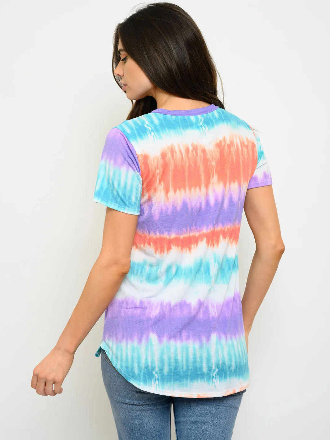 WOMEN'S TIE DYE PRINT FRONT SEQUINS POCKET TOP